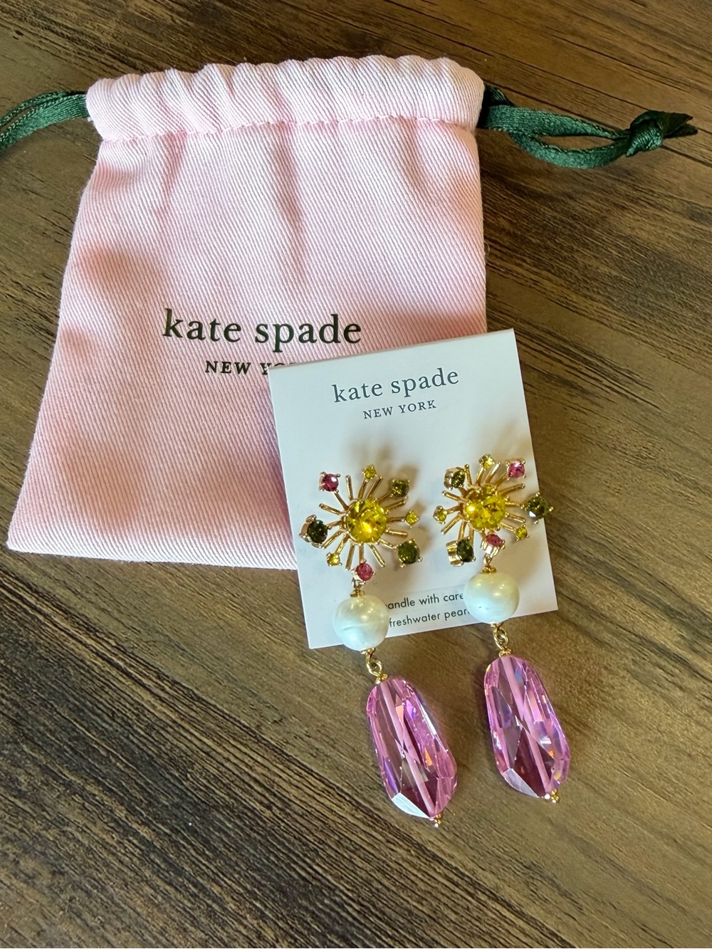 Kate Spade Pink and Yellow Crystal Drop Earrings Freshwater Pearls New $128